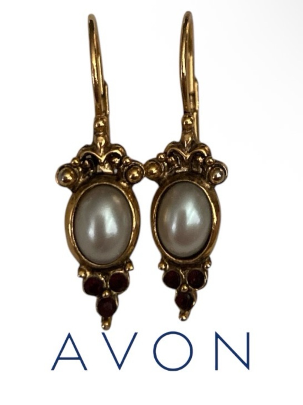 Avon Gold-Tone Earrings with Cream Faux Pearl Cabochons
